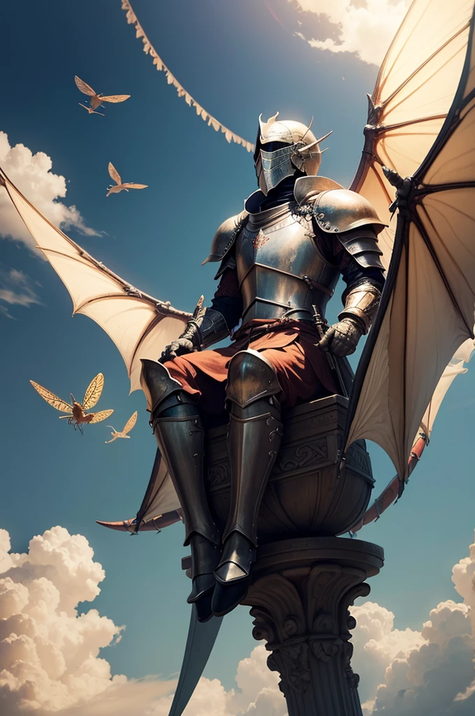 Dragon flies in the sky, a knight sits on it