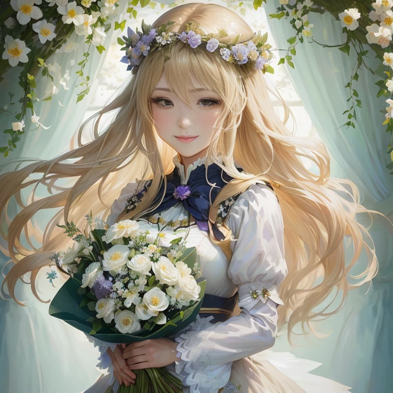 anime girl with long blonde hair holding a bouquet of flowers, violet evergarden, official artwork, portrait of lolita, beautiful anime portrait, guweiz on pixiv artstation, smiling as a queen of fairies, beautiful maiden, marisa kirisame, blonde - haired princess, a maid in a magical forest, marin kitagawa fanart, queen of flowers