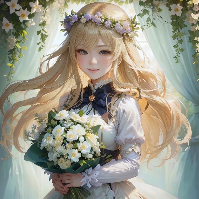 anime girl with long blonde hair holding a bouquet of flowers, violet evergarden, official artwork, portrait of lolita, beautiful anime portrait, guweiz on pixiv artstation, smiling as a queen of fairies, beautiful maiden, marisa kirisame, blonde - haired princess, a maid in a magical forest, marin kitagawa fanart, queen of flowers