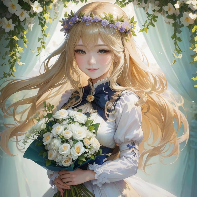 anime girl with long blonde hair holding a bouquet of flowers, violet evergarden, official artwork, portrait of lolita, beautiful anime portrait, guweiz on pixiv artstation, smiling as a queen of fairies, beautiful maiden, marisa kirisame, blonde - haired princess, a maid in a magical forest, marin kitagawa fanart, queen of flowers