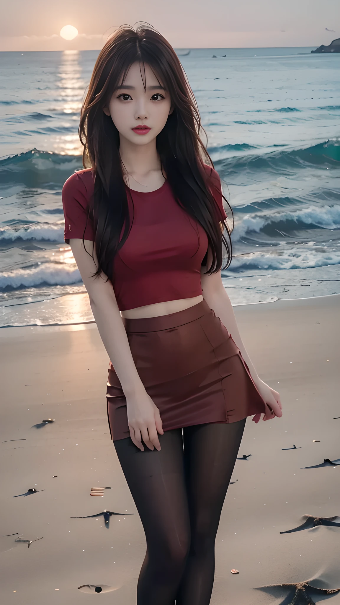 ulzzang-6500-v1.1, (RAW Photos:1.2), (Photorealistic), (Genuine:1.4), １girl、Perfect Anatomy、20 years old、Looking at the camera、Medium Long Hair、red T-shirt, skirt, ((on the beach at sunset :1.2))、(Ultra-realistic pantyhose:1.2), (Business services)、Asian Eyes Ella,