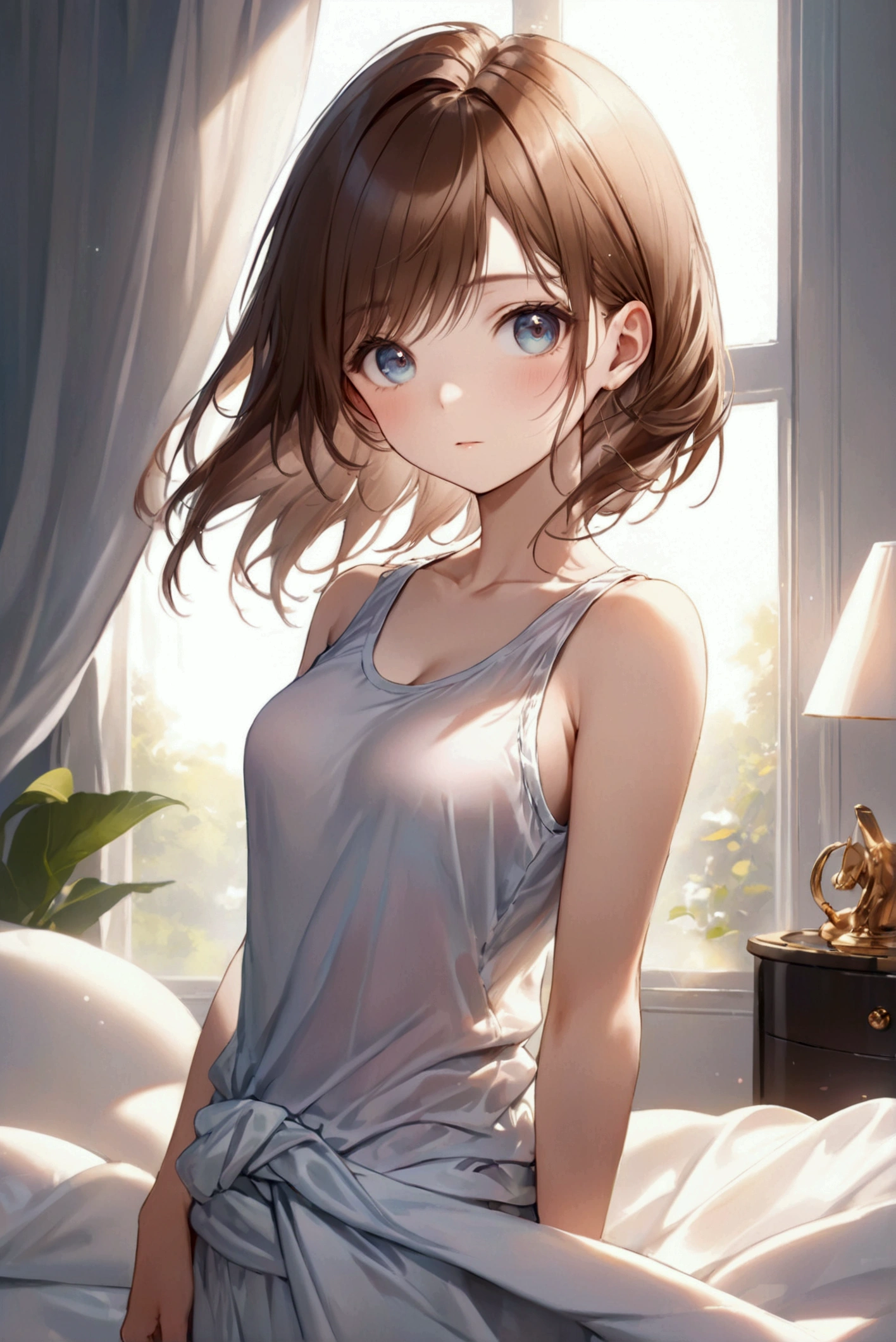 (Highest quality, 8k, 32K, masterpiece, Ultra-high resolution,:1.2),born, One girl,Super cute , Natural light,Clear, shining eyes, 20-year-old ,Fair skin, Brown Haired Girl, Tank top