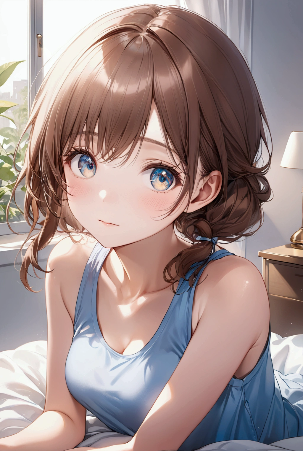(Highest quality, 8k, 32K, masterpiece, Ultra-high resolution,:1.2),born, One girl,Super cute , Natural light,Clear, shining eyes, 20-year-old ,Fair skin, Brown Haired Girl, Tank top