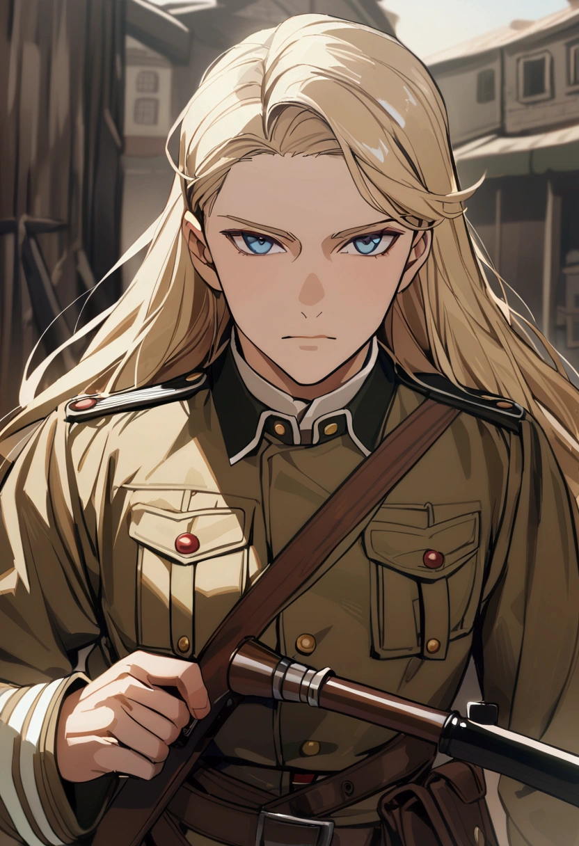 1boy, ww2 militar uniform, blond hair, long hair, blue Eye, holding bagpipe, trench background