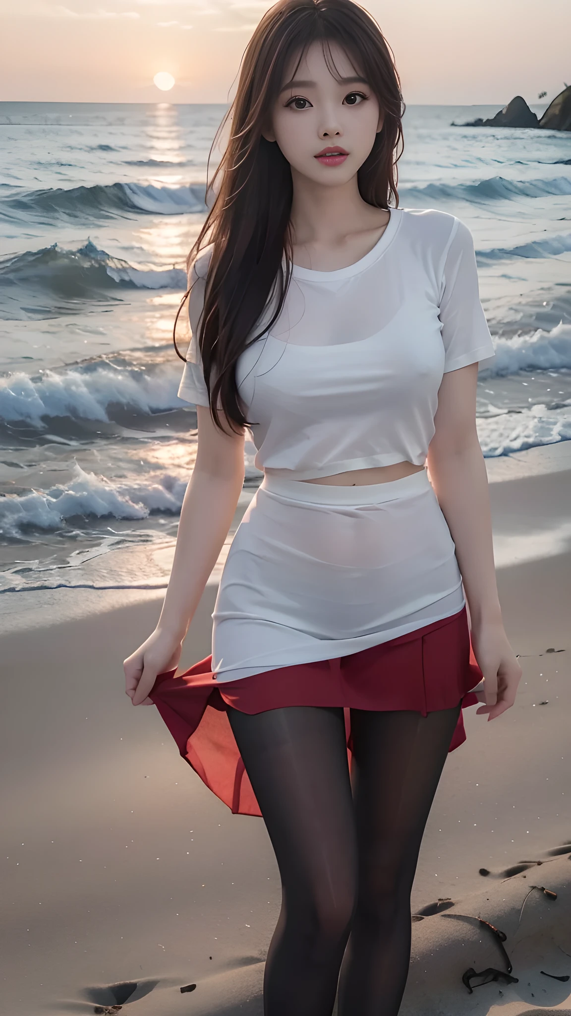 ulzzang-6500-v1.1, (RAW Photos:1.2), (Photorealistic), (Genuine:1.4), 1girl、Perfect Anatomy、20 years old、Looking at the camera、Medium Long Hair、red T-shirt, skirt, ((on the beach at sunset :1.2))、(Ultra-realistic pantyhose:1.2), (Business services)、Asian Eyes Ella,