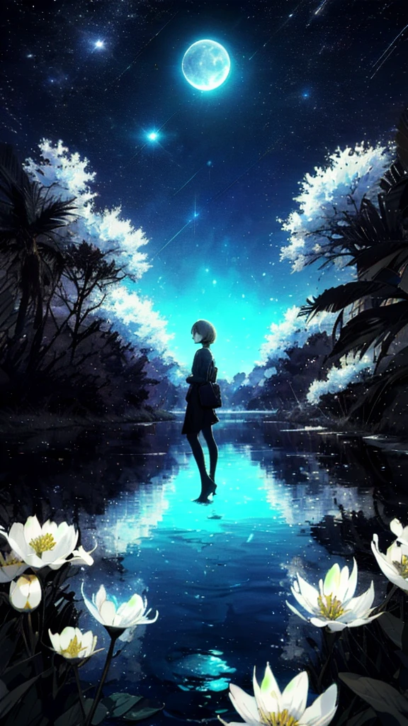 A girl, Solitary, Stand on the water, Reflective surface, , Cat ear, (poster:0.76), (Palm leaves), White flowers, (Blue light glow:1.2), night, Dark theme, Starry Sky, dream,moonlight