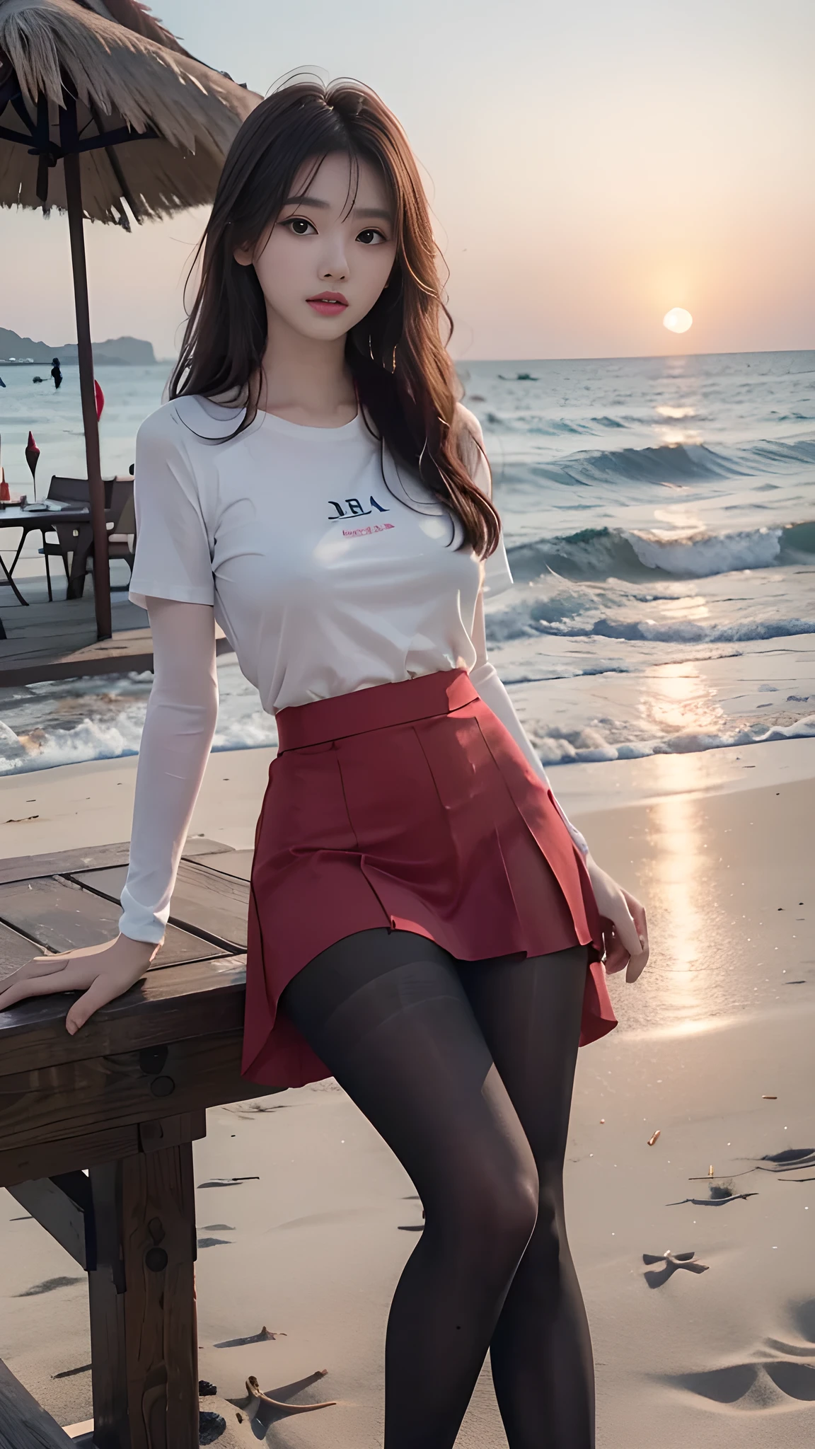 ulzzang-6500-v1.1, (RAW Photos:1.2), (Photorealistic), (Genuine:1.4), １girl、Perfect Anatomy、20 years old、Looking at the camera、Medium Long Hair、red T-shirt, skirt, ((on the beach at sunset :1.2))、(Ultra-realistic pantyhose:1.2), (Business services)、Asian Eyes Ella,