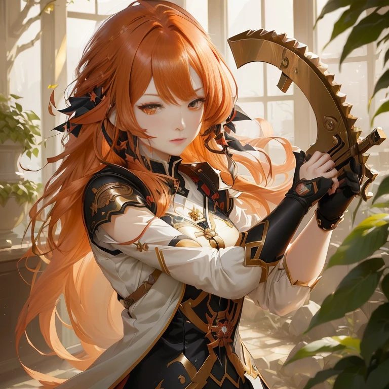 anime girl with long red hair holding a large metal object, ayaka genshin impact, cushart krenz key art feminine, ayaka game genshin impact, detailed key anime art, genshin, keqing from genshin impact, maiden with copper hair, marin kitagawa fanart, genshin impact character, portrait knights of zodiac girl, key anime art