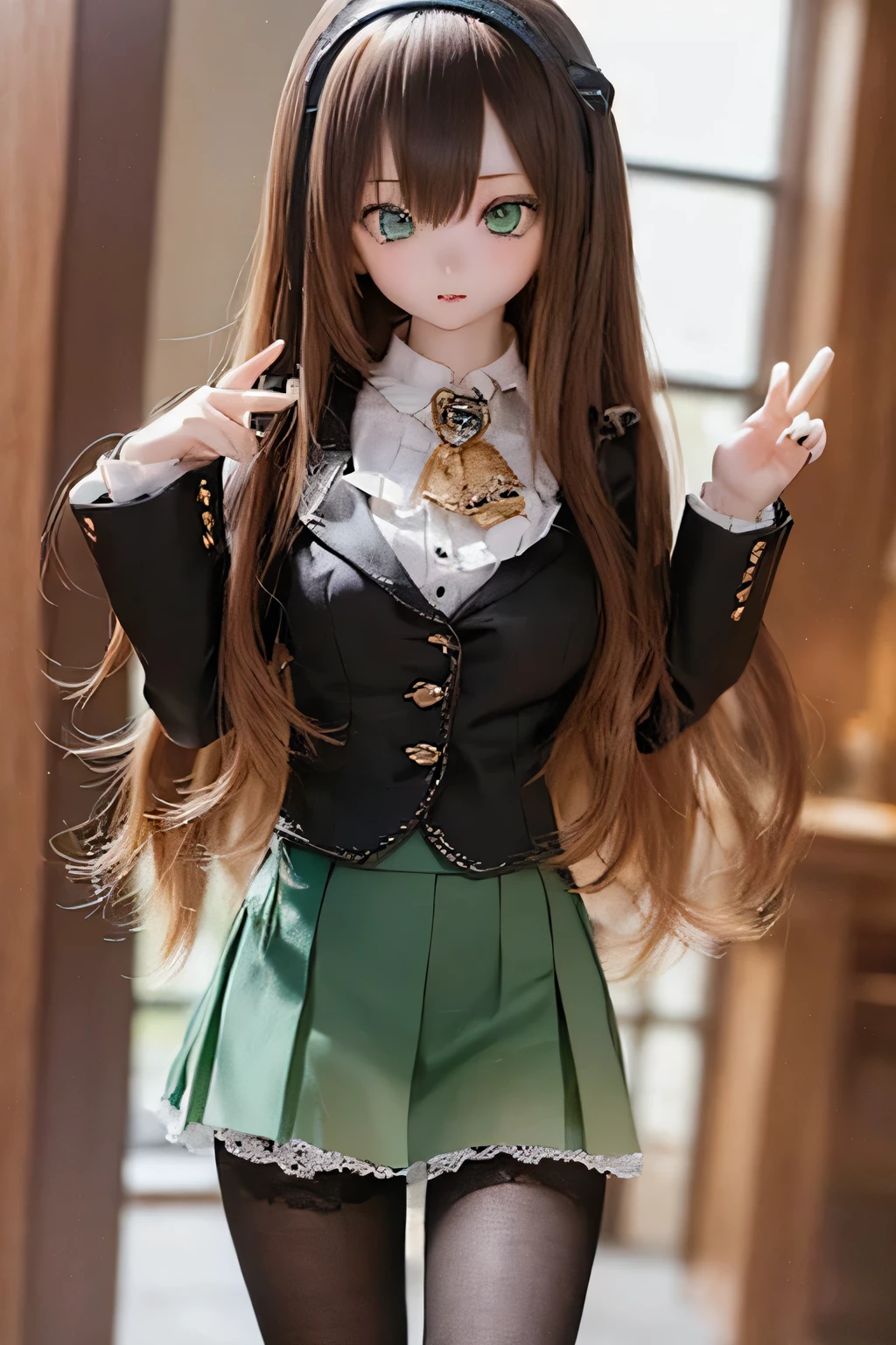 (SFW:2), photorealistic, realistic photo, 8k, ((highest quality)), ((masterpiece)), (extremely detailed), kukolnydom, doll, (mature woman, 21yo, 21 years old, solo:1.6), ((cowboy shot, stylish pose, slim, slender, skinny, medium breasts, hairband, ascot, vest, blouse, long puff sleeves, pleated skirt, black pantyhose)), (green eyes, brown hair, long hair, plastic skin, looking at another, glass eyes, gradient eyes, shining eyes, detailed eyes:1.3)