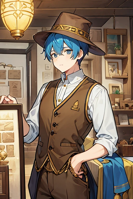 man, semi short blue hair, adventurer hat, light brown vest with gold details, yellow shirt, Egyptologist