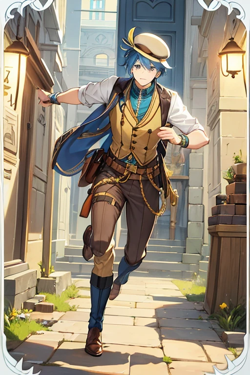 man, semi short blue hair, adventurer hat, light brown vest with gold details, yellow shirt, Egyptologist 