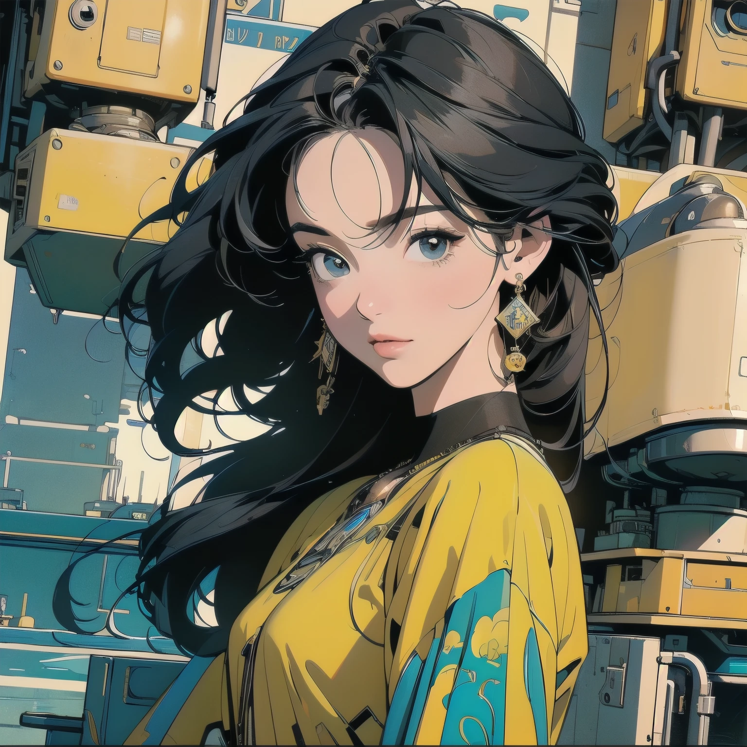 (((masterpiece, Highest quality)))、(((32K Wallpapers)))、The most detailed machine、(((The most complete and detailed yellow futuristic machine with a woman)))、The most detailed background、(((Flat Chest)))、(((Surrounded by many complex, sophisticated, futuristic machines)))、head shot,((((more various angle))))、((Overall colorfully))、A perfect machine、(((Perfect Face)))、(((The most complete machine of the future)))、Detailed Hair、Mr.々Hairstyle、The wind is blowing、anime