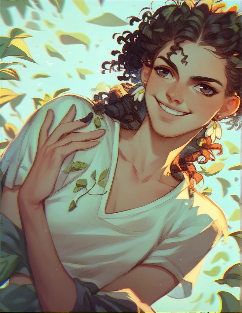 CatHair Flower, Earrings, Curly Hair, Smile, Detail, Dutch Angle, 
