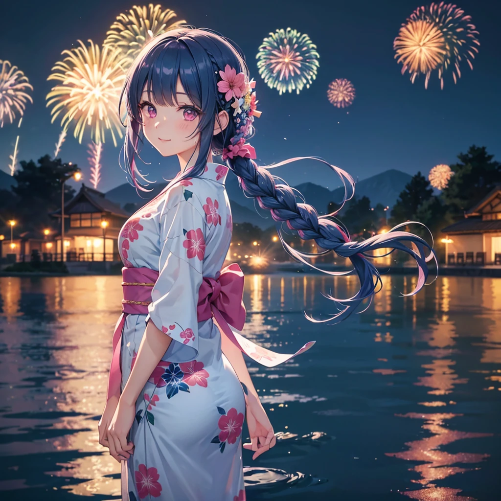 Sky Blue Medium Hair, (Braided hair),(Pink Eyes),Fair skin ,(whole body),(1 girl)、Floral Yukata、summer night、Fireworks on the lake、Big fireworks、A happy smile、Straight bangs,(masterpiece, Highest quality, Very detailed, Best Shadow), (Detailed Background), (Beautifully detailed face), High Contrast, (Best lighting, Very delicate and beautiful), ((Cinematic Light)), colorful, Hyper Detail 8k, Dramatic Light, Intricate details,Fireworks light reflected on the water