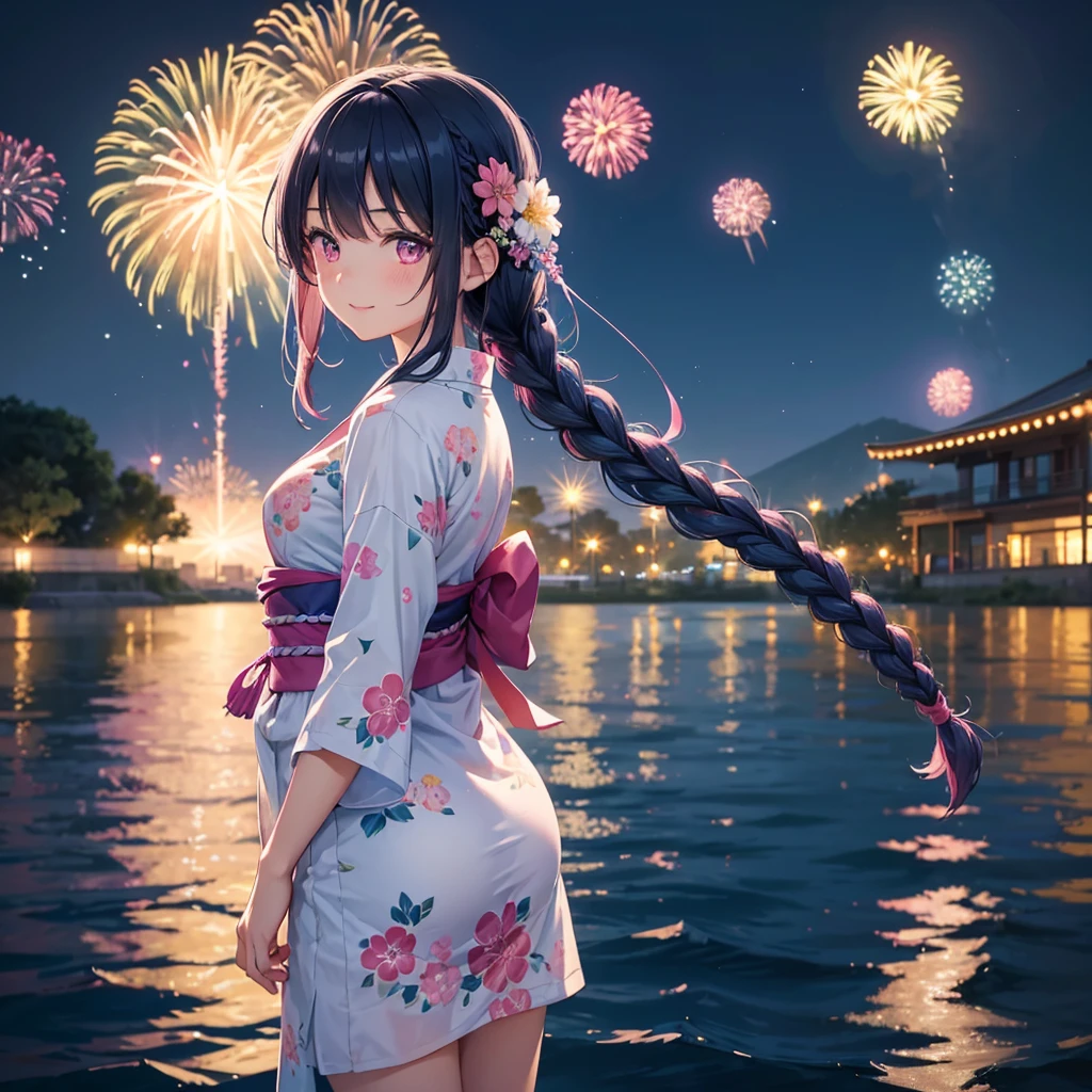 Sky Blue Medium Hair, (Braided hair),(Pink Eyes),Fair skin ,(whole body),(1 girl)、Floral Yukata、summer night、Fireworks on the lake、Big fireworks、A happy smile、Straight bangs,(masterpiece, Highest quality, Very detailed, Best Shadow), (Detailed Background), (Beautifully detailed face), High Contrast, (Best lighting, Very delicate and beautiful), ((Cinematic Light)), colorful, Hyper Detail 8k, Dramatic Light, Intricate details,Fireworks light reflected on the water