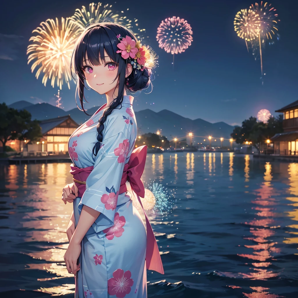 Sky Blue Medium Hair, (Braided hair),(Pink Eyes),Fair skin ,(whole body),(1 girl)、Floral Yukata、summer night、Fireworks on the lake、Big fireworks、A happy smile、Straight bangs,(masterpiece, Highest quality, Very detailed, Best Shadow), (Detailed Background), (Beautifully detailed face), High Contrast, (Best lighting, Very delicate and beautiful), ((Cinematic Light)), colorful, Hyper Detail 8k, Dramatic Light, Intricate details,Fireworks light reflected on the water