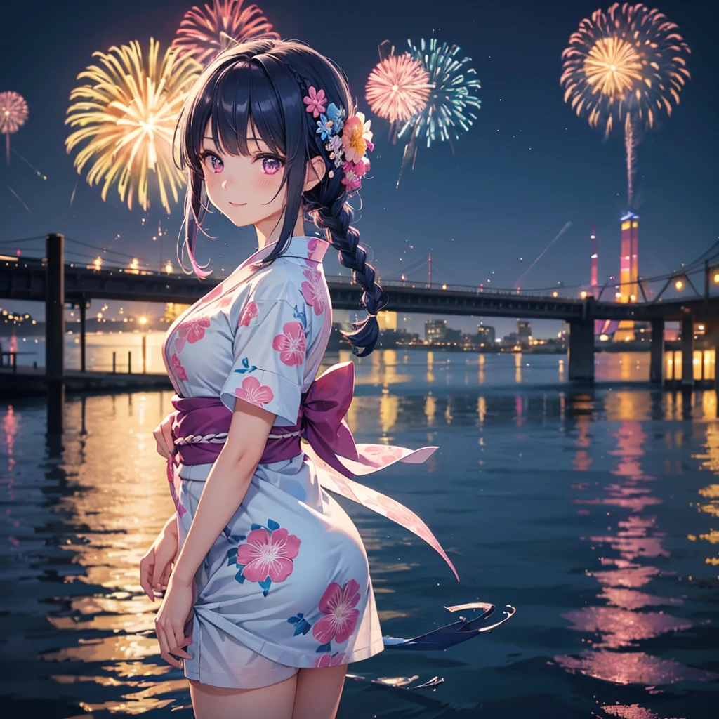 Sky Blue Medium Hair, (Braided hair),(Pink Eyes),Fair skin ,(whole body),(1 girl)、Floral Yukata、summer night、Fireworks on the lake、Big fireworks、A happy smile、Straight bangs,(masterpiece, Highest quality, Very detailed, Best Shadow), (Detailed Background), (Beautifully detailed face), High Contrast, (Best lighting, Very delicate and beautiful), ((Cinematic Light)), colorful, Hyper Detail 8k, Dramatic Light, Intricate details,Fireworks light reflected on the water