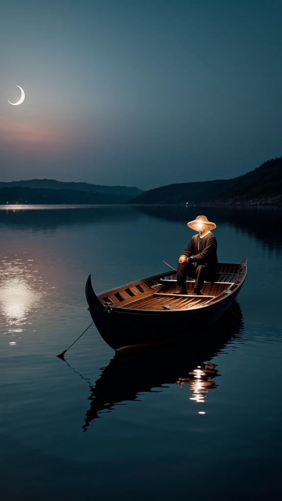 Nigth, white moon with ring, sea, reflection, potrait, a small black boat and boatman, 4k realistic 