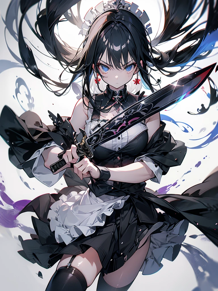 Maid outfit, sword, serious face, girl, cool, long black hair