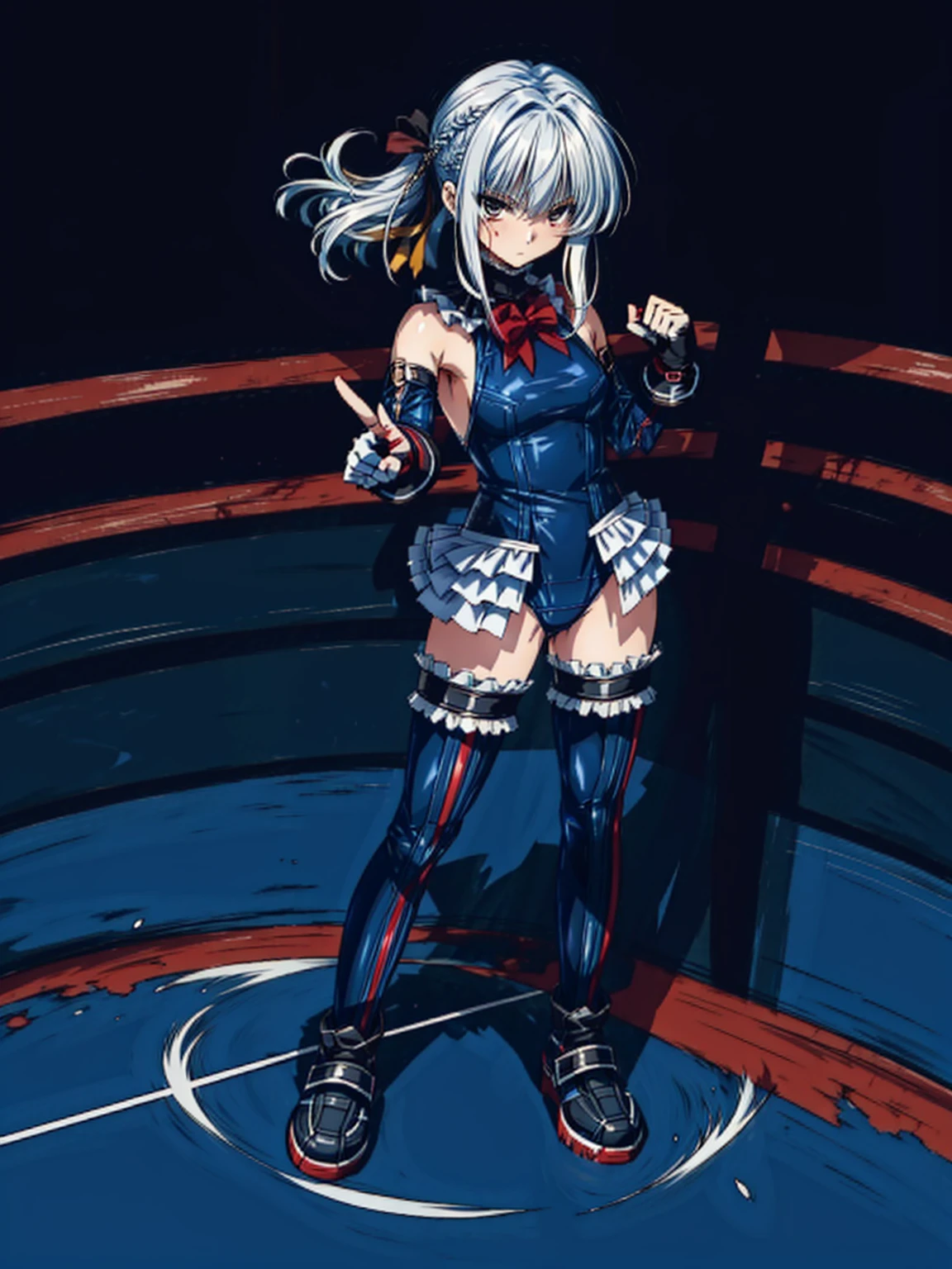 Masterpiece, Very detailed, Highest quality, Sharp focus, 12k, ultra hi resolution picture, big ,12k,Perfect Anatomy, Highest quality,,(Emotionless:1.4)
,Anime Style,(frilled swimsuit,thighhighs,detached sleeves), (Anime Style:1.6) ,
,(White fingers:1.4,Black gloves:1.2),
(Fighting Arena:1.5),,(full body:1.3),(1 Little Girl:1.4),(Blood-stained interior)