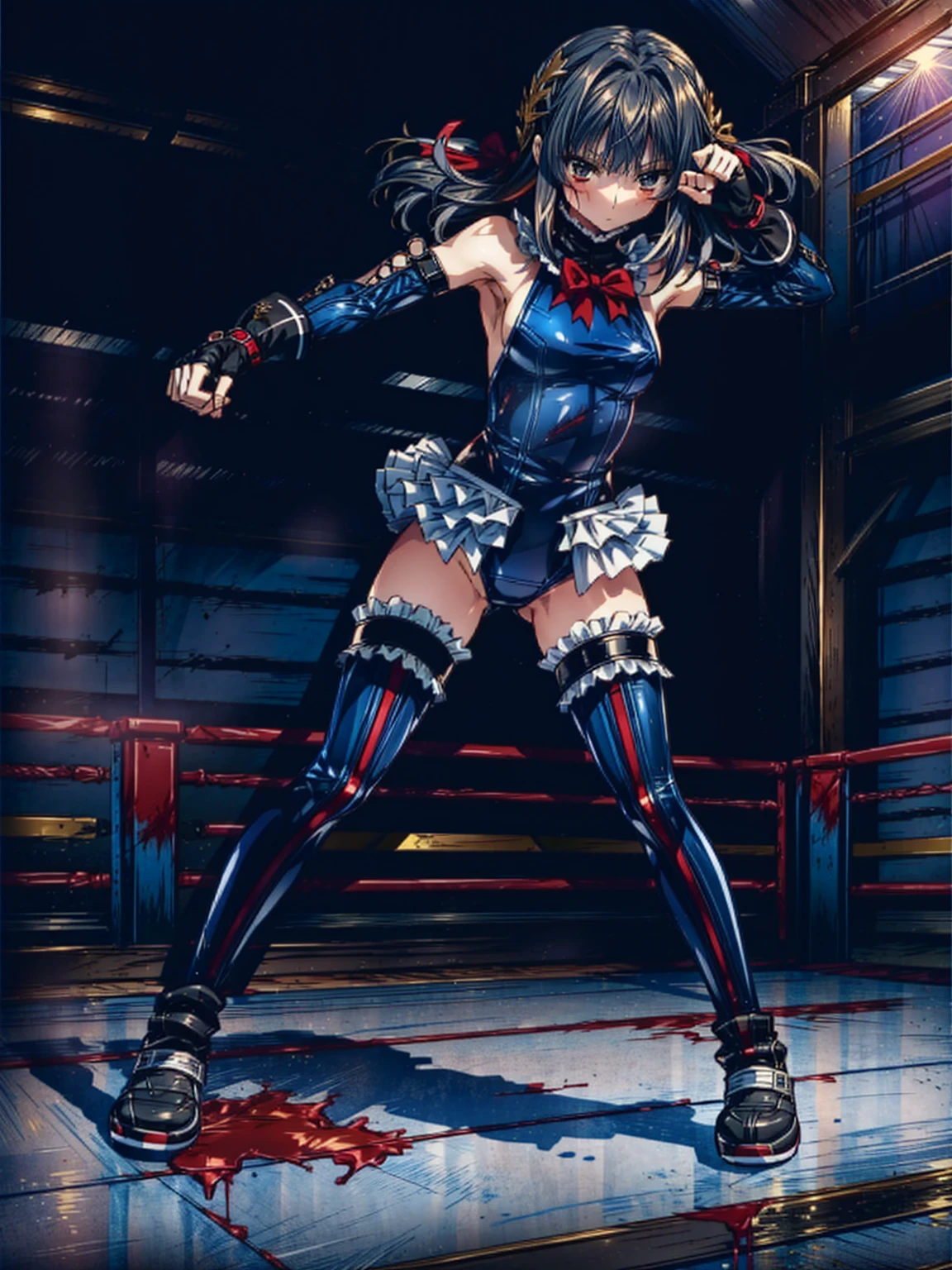 Masterpiece, Very detailed, Highest quality, Sharp focus, 12k, ultra hi resolution picture, big ,12k,Perfect Anatomy, Highest quality,,(Emotionless:1.4)
,Anime Style,(frilled swimsuit,thighhighs,detached sleeves), (Anime Style:1.6) ,
,(White fingers:1.4,Black gloves:1.2),
(Fighting Arena:1.5),,(full body:1.3),(1 :1.4),(Blood-stained interior)