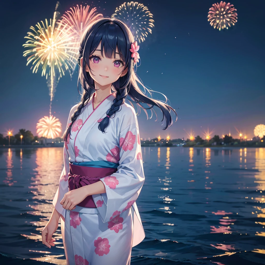 Sky Blue Medium Hair, (Braided hair),(Pink Eyes),Fair skin ,(whole body),(1 girl)、Floral Yukata、summer night、Fireworks on the lake、Big fireworks、A happy smile、Straight bangs,(masterpiece, Highest quality, Very detailed, Best Shadow), (Detailed Background), (Beautifully detailed face), High Contrast, (Best lighting, Very delicate and beautiful), ((Cinematic Light)), colorful, Hyper Detail 8k, Dramatic Light, Intricate details,Fireworks light reflected on the water