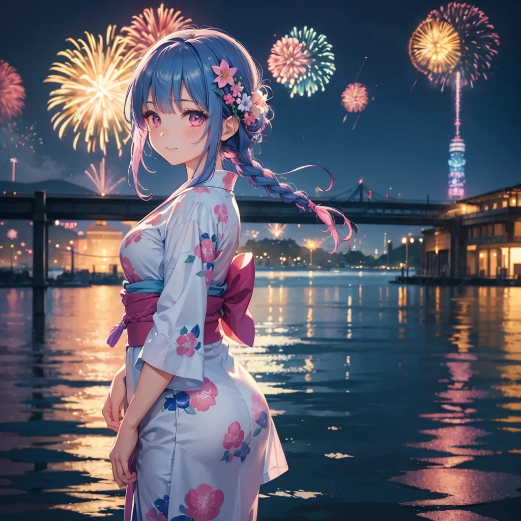 Sky Blue Medium Hair, (Braided hair),(Pink Eyes),Fair skin ,(whole body),(1 girl)、Floral Yukata、summer night、Fireworks on the lake、Big fireworks、A happy smile、Straight bangs,(masterpiece, Highest quality, Very detailed, Best Shadow), (Detailed Background), (Beautifully detailed face), High Contrast, (Best lighting, Very delicate and beautiful), ((Cinematic Light)), colorful, Hyper Detail 8k, Dramatic Light, Intricate details,Fireworks light reflected on the water