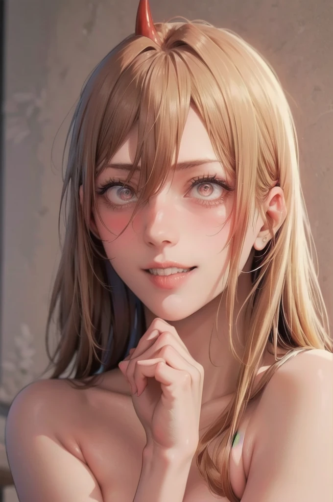 best quality, masterpiece, highly detailed,1girl, Power, (masterpiece:1.5), Detailed Photo, Smiling, Sexy, (8K, Best Quality: 1.4), (1girl), Beautiful Face, (anime realistic Face), (Blond Hair, Long Hair: 1.3), Beautiful Hairstyle, Realistic eyes, beautiful detail eyes, (white skin), beautiful skin, absurd, attractive, ultra high resolution, ultra realistic, high definition, golden ratio, (sexually aroused:1.5), Pinkish white skin, cool white light, sexy pose, Beautiful , white background, pink soft white light, naked, red horn, dirty body