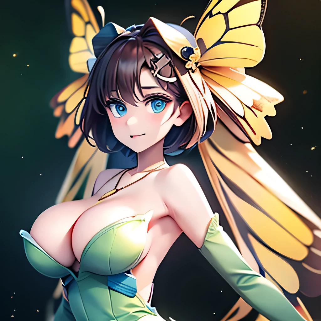  ((masterpiece,best quality,ultra-delicate,Perfect Face,16k,high resolution,very beautiful lady)),yellow butterfly wings on the head,brown medium short hair,black oval hair ornaments:1.2,green leotard,green long boots ,green long arm gloves, large breasts,gold necklace,cowboy shot,