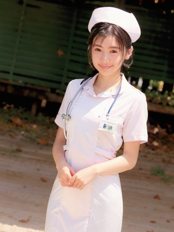 girl,alone, (Wearing white nurse clothes:1.2), Shortcuts, bangs, Upstyle, Black Hair, nurse, Perfect Anatomy, nurse uniform, ((Nurse cap)), ((White costume)), Long skirt, hospital, (Close-up), 