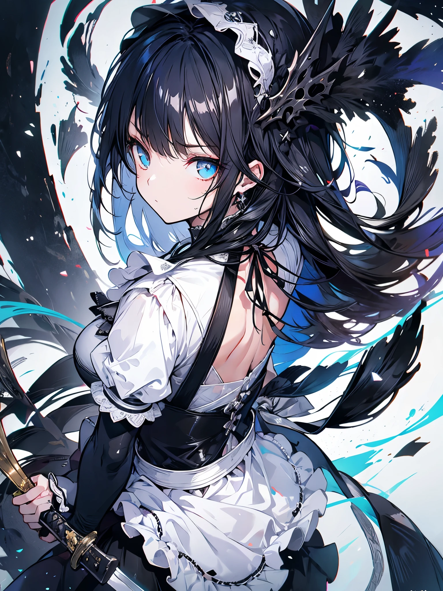 Maid outfit, sword, serious face, girl, cool, long black hair
