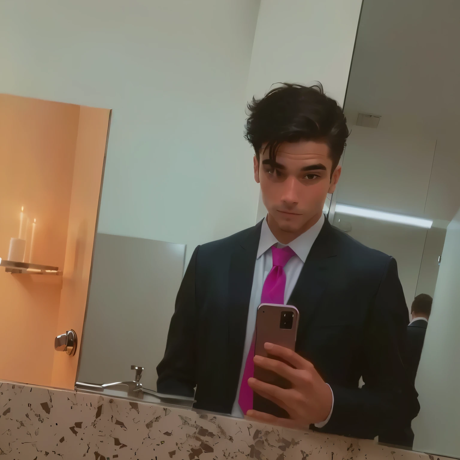 there is a man in a suit and tie taking a selfie in the bathroom mirror, candid Image, with precise face, with a charming look, very very low quality Image, that's all, In bathroom, autophoto, candid photo, khyzyl saleem, Image, taken with the best dlsr camera, professional Image, Image borrosa, around 19 years