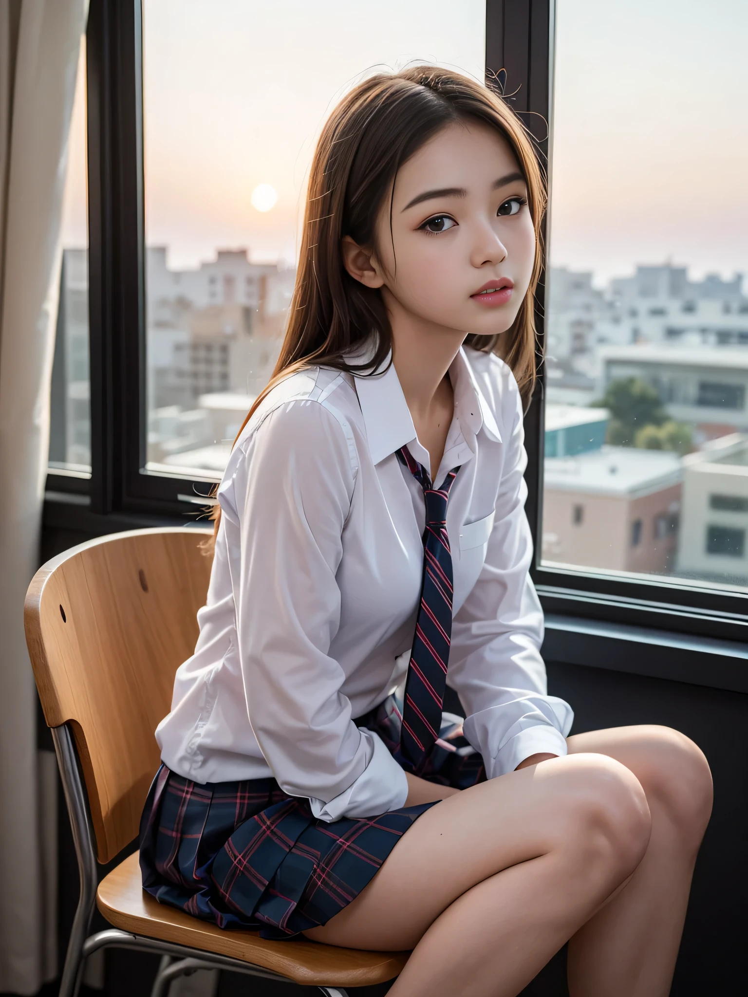 top-quality、hight resolution、ultra-detailliert、masterpiece、Raw photography:2、realisitic:2、Photorealsitic:2、extremely delicate and beautiful、finely detail、Textured skin、1girl in、japanes、 (Solo)、(Chest Up Shot)、18-year-old 、(Sitting on a school chair by the window)、She's looking at this、Sunset hits、(Super beautiful girl:1.5)、(A detailed face)、Adult face、Bare legs、Brown hair、(School uniform)、highschool、crass room、School Desks and Chairs