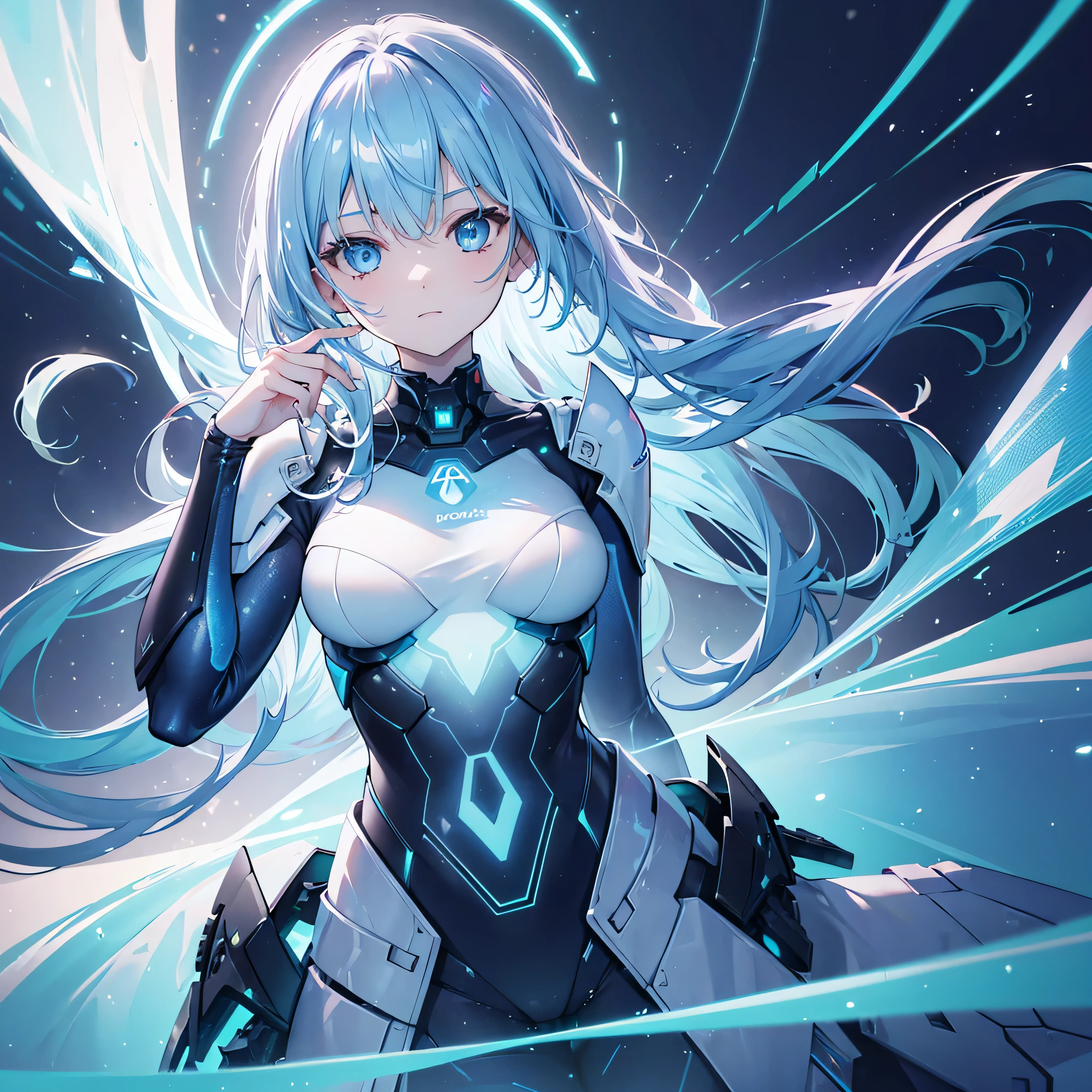 ((Holographic glow effect)),8k, Highest quality, (real:1.4), Original photo, 1 girl, Asari Hair, Biological Amplifier, refined armor, posture: Peace talks between warring factions, smart blue eyes,whole body,Vortex of Light,Band of Light,Wind of Light