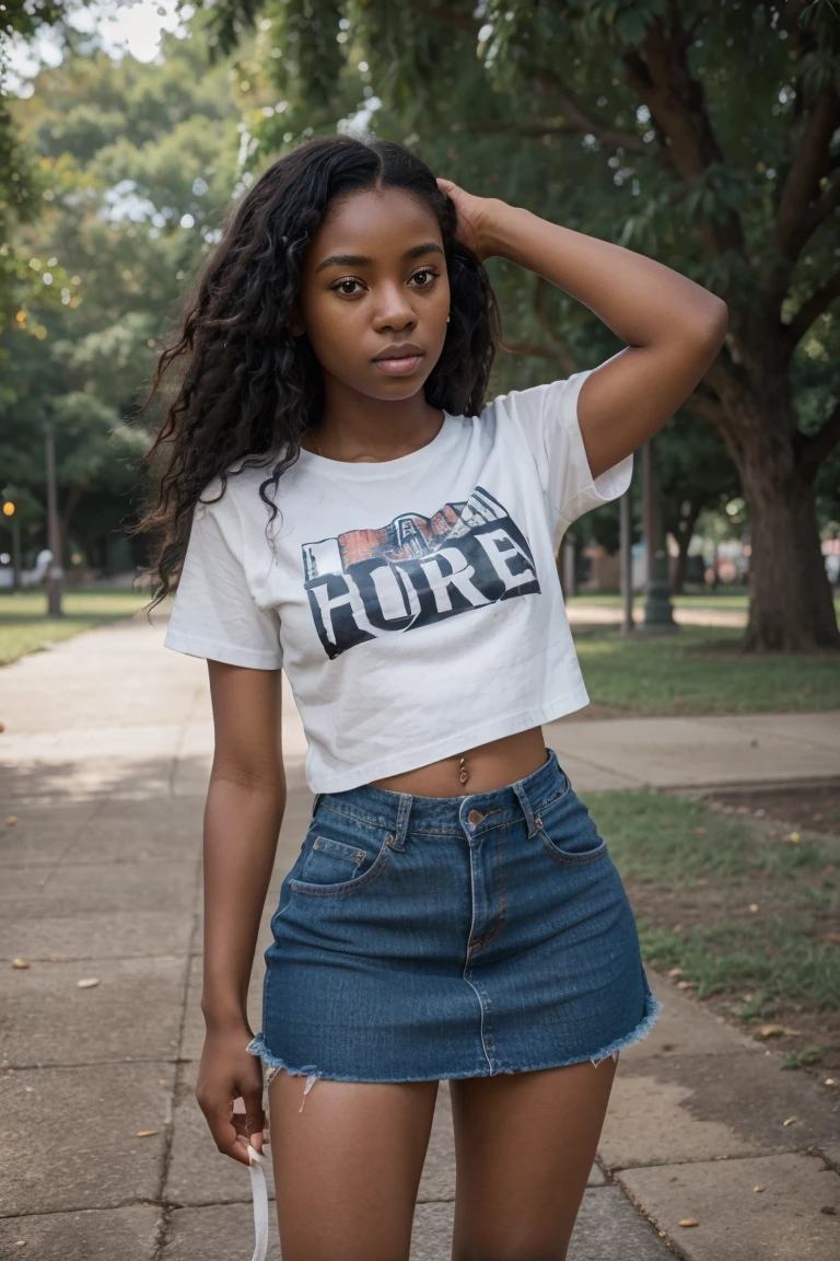 1girl, Solo, cute girl african around 20 years old, black long curly hair,black eyes, t-shirt, denim skirt, white shoes, park photography, whole body, RAW Photography, 8k, , Masterpiece, Full Body Shooting, Top Quality, Fine Pore, Realistic, Photorealistic, Ultra Detailed