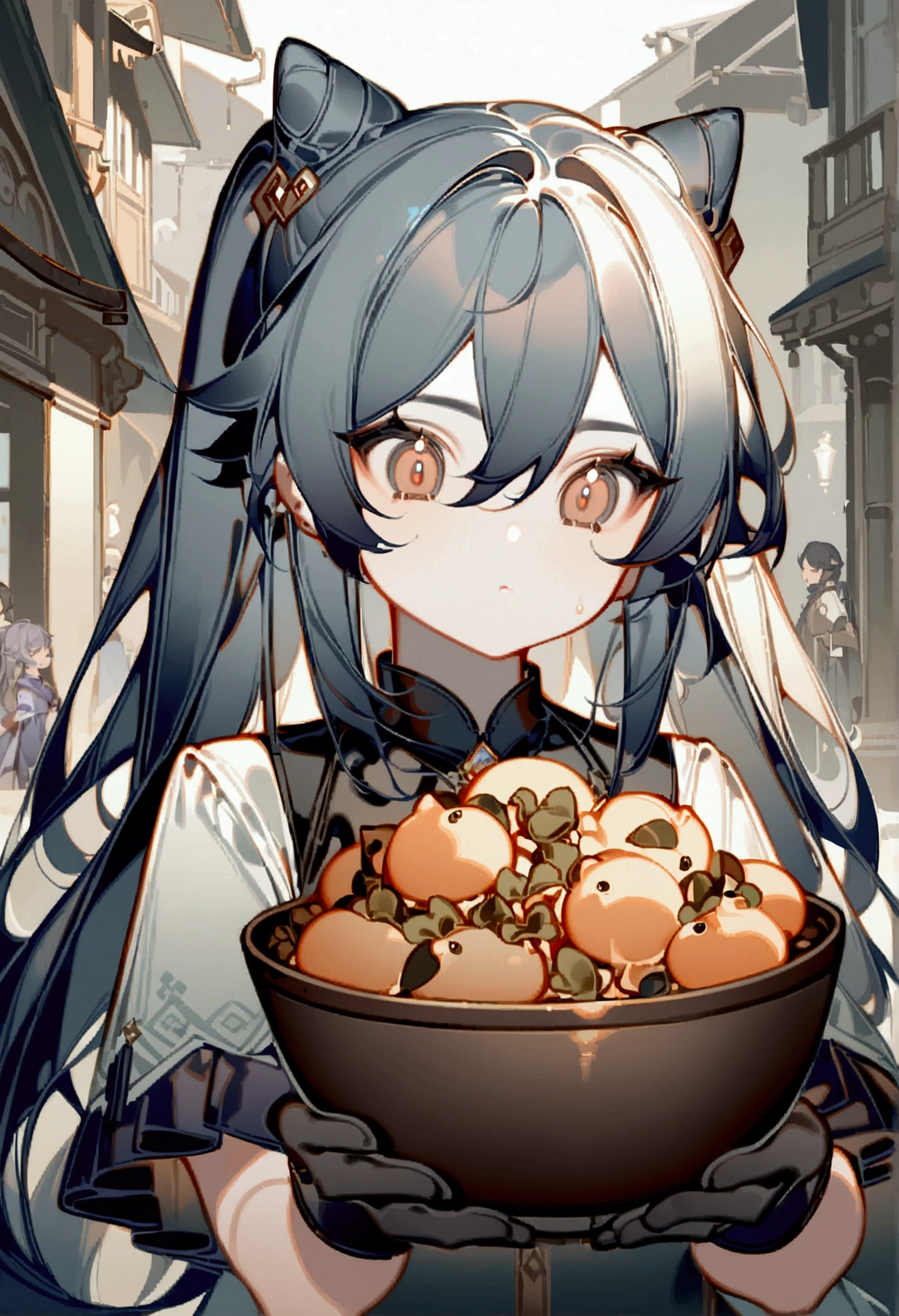 anime girl eating a bowl of food on a busy street, keqing from genshin impact, kawacy, zhongli from genshin impact, inspired by Pu Hua, digital anime illustration, anime visual of a cute girl, detailed digital anime art, bian lian, inspired by Lan Ying, artwork in the style of guweiz, by Yang J, official art, 4k very detailed