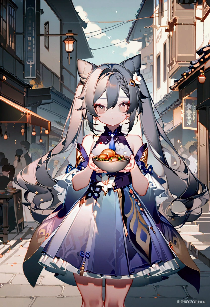 anime girl eating a bowl of food on a busy street, keqing from genshin impact, kawacy, zhongli from genshin impact, inspired by Pu Hua, digital anime illustration, anime visual of a cute girl, detailed digital anime art, bian lian, inspired by Lan Ying, artwork in the style of guweiz, by Yang J, official art, 4k very detailed