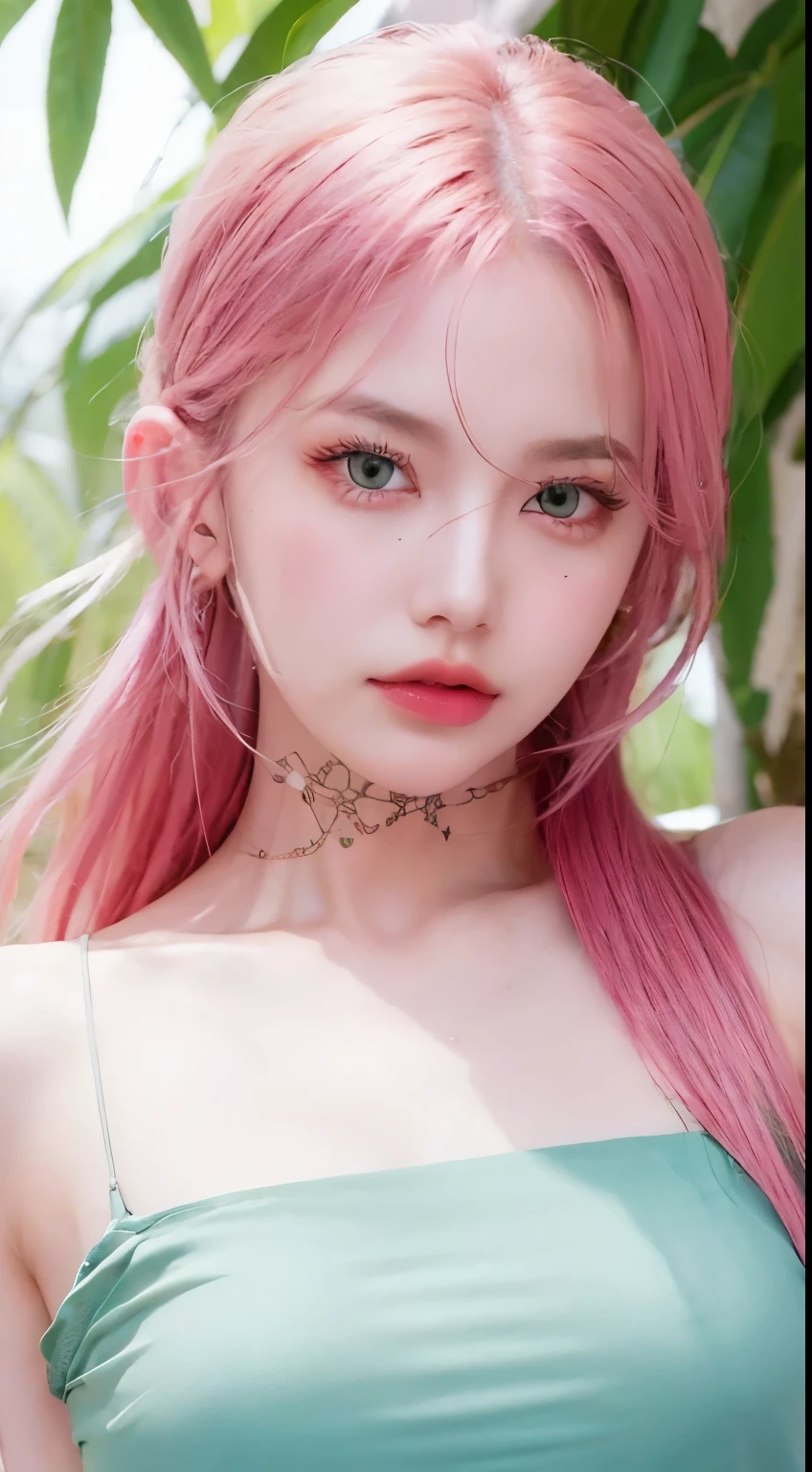 best quality, ultra high resolution, (realistic:1.4), (detailed beautiful girl:1.4), (medium chest:0.8), looking for_~to_viewer, Detailed facial details, beautiful and delicate eyes,pink hair, green eyes, slim, an unforgettable smile, (assembly:0.3), red lips, Clothes with excellent details, (Ulzzang-6500-v1.1:0.3)