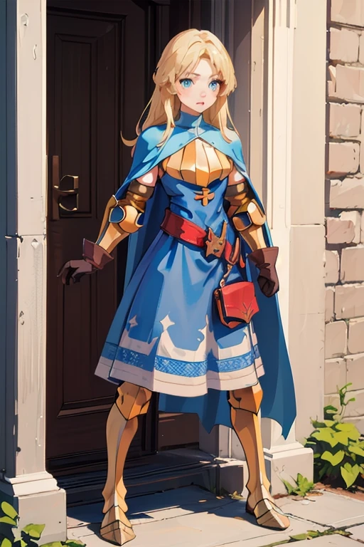 (masterpiece, best quality), 1girl,  KnightFFT, long hair, blonde hair, blue eyes, cape, armor, blue dress, belt, gloves, boots,