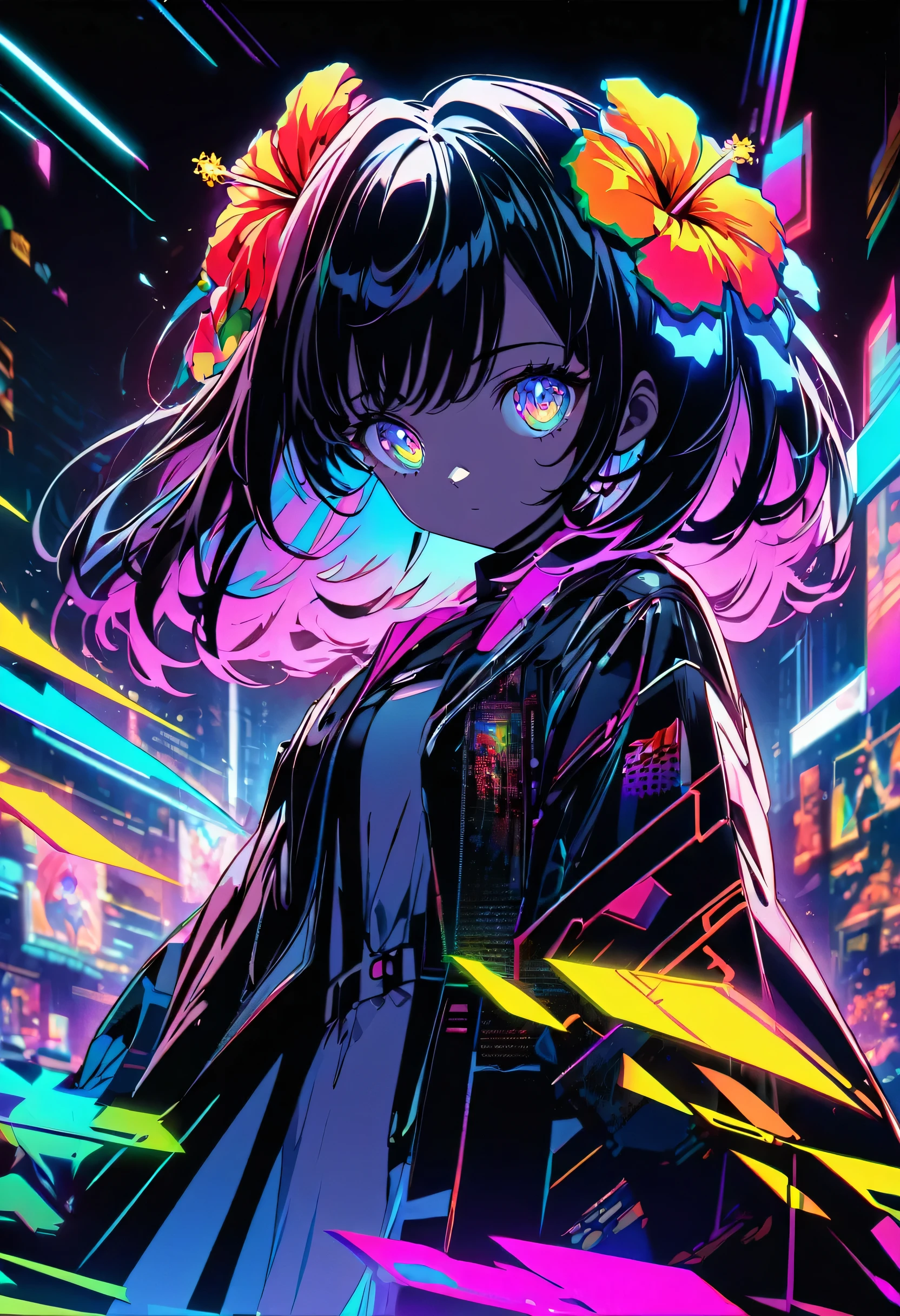 Black silhouette of an anime girl with a colorful hibiscus flower on her head. Flowers and petals shine like diamonds、They have a variety of patterns.. The background is dark、The lights are shining. The art style is digital, Highly detailed and surreal style fantasy her illustration. High resolution, High resolution, Neon and vibrant colors. There is a glitch effect, holographic effect, Neon lighting and holographic effects with cyberpunk elements. the contrast between light and shadow is strong, shadows and highlights. 