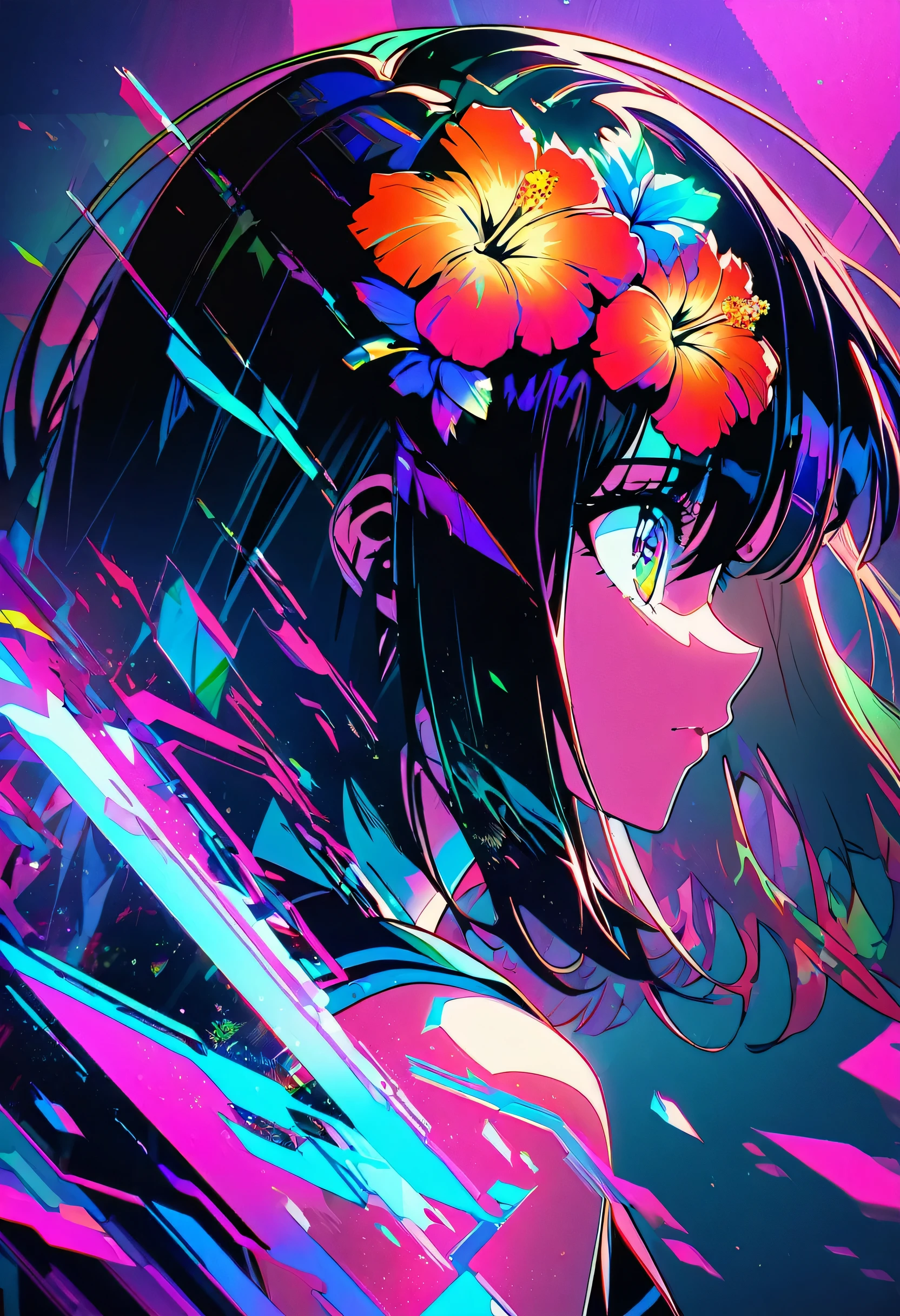 Black silhouette of an anime girl with a colorful hibiscus flower on her head. Flowers and petals shine like diamonds、They have a variety of patterns.. The background is dark、The lights are shining. The art style is digital, Highly detailed and surreal style fantasy her illustration. High resolution, High resolution, Neon and vibrant colors. There is a glitch effect, holographic effect, Neon lighting and holographic effects with cyberpunk elements. the contrast between light and shadow is strong, shadows and highlights. 