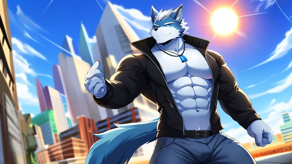 depth of field, motion blur, absurdres,looking at viewer, (best quality), (masterpiece), (ultra detailed),(detailed eyes),sharp focus,manga,anthro male dark Blue Wolf white hair,(muscular),Huge body chest , full body, own pet kitty ,sky blue eyes,handsome, jacket blue ,gray pants, galaxy necklace cyber city , love, Full Sun