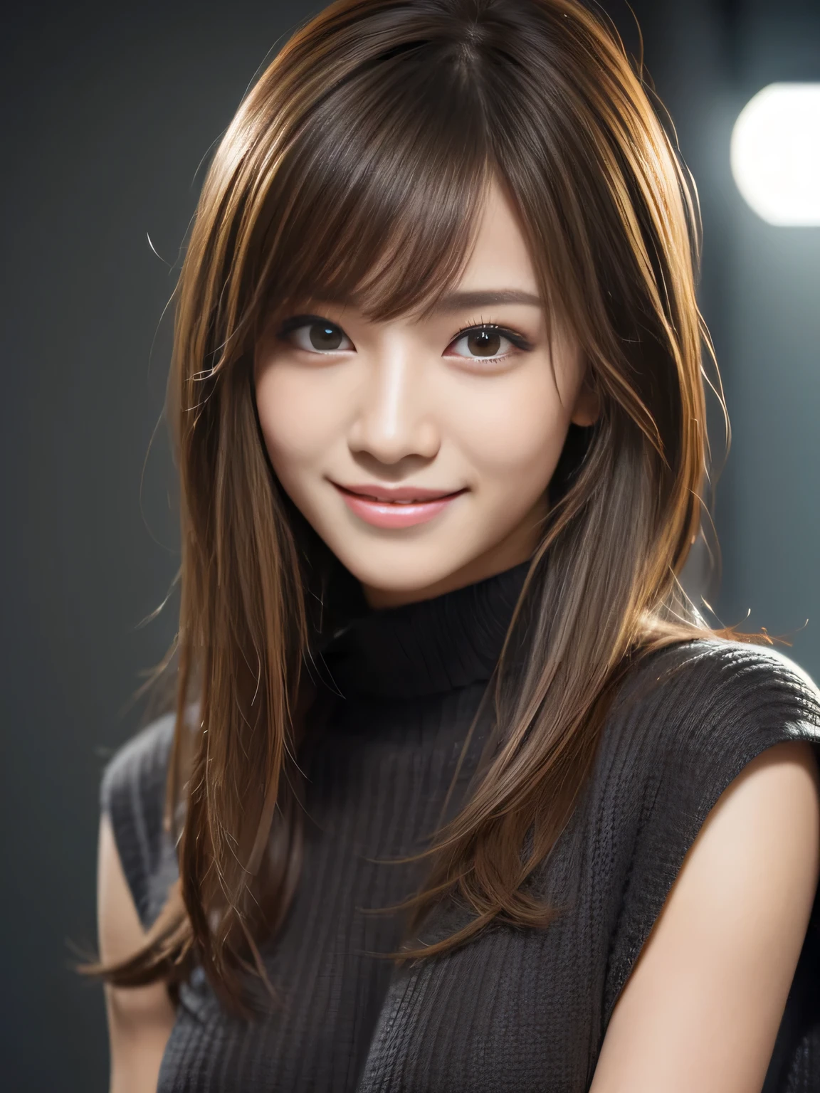 masterpiece, best quality, ultra-detailed, intricately detailed hyperdetailed, realistic, sharp features, highly detailed, sharp focus, Realistic, Photorealistic:1.3, (17 years old:1.3), perfect face, perfect symmetrically eyes, perfect full lips, hyper detailed, hyper realistic, high resolution, Fashion Model, Japanese Idol, Slender, brown hair, Stylish, model poses, Beautiful Face, light brown hair, messy hair, asymmetrical bangs, (grin:1.2), (looking at viewer), cinematic lighting, grey background, (Black knit:1.2), portrait