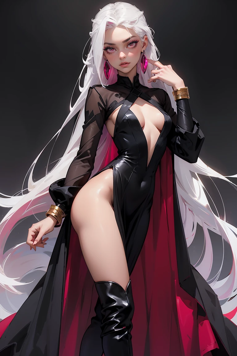 Goddess ((goddess-like woman)), slim, elegant silhouette, masterpiece, (close angle), best quality, pale skin, fair skin, sweet face, (masterpiece: 1.2, best quality), (real image, intricate details), (1 lady, solo, medium tits, small waist, ), ((Jinx/LOL)), beautiful face, kissable lips, very long white hair, slicked back hair, (very long white hair), white hair , VERY LONG HAIR , (very long white hair), perfect makeup, realistic face, detailed red pink eyes, (red pink eyes) bright red pink eyes, very long hair, eyelashes, mouth slightly open, she has an impressive presence, gold bracelet, gold hoop earrings, withe jewelry , beautiful face, beautiful eyes, she is wearing a black Mesh Corset Velvet Dress and black over-the-knee boots, Mesh Corset Velvet Dress, long sleeves, dress, standing, full body, long dress, maroon dress, velvet dress, see-through sleeves, Black over-the-knee boots, sweet irresistible smile, elegant pose, elegant hands, beautiful hands, perfect fingers, background: outside, medieval city, magic in the air, stone houses, castles, dark sky night, full moon