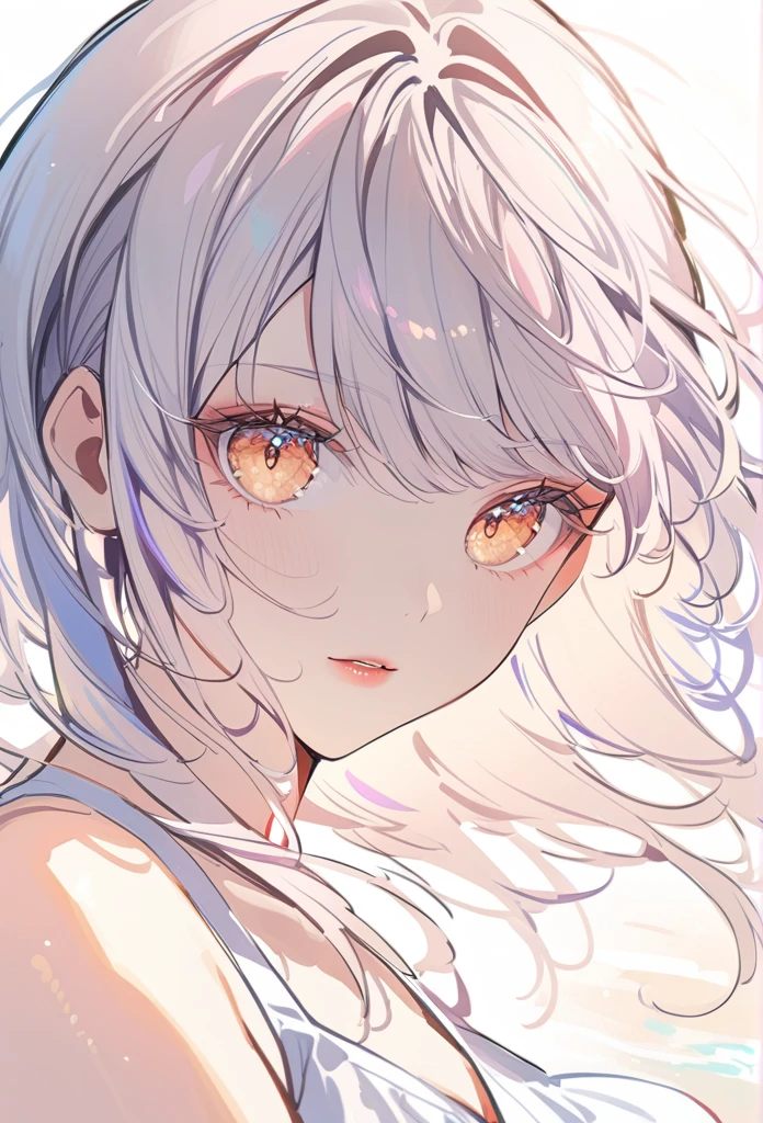 a beautiful silver-haired girl in a sundress, 1girl, solo, detailed face, detailed eyes, detailed lips, long eyelashes, beautiful detailed portrait, soft lighting, warm color palette, natural lighting,