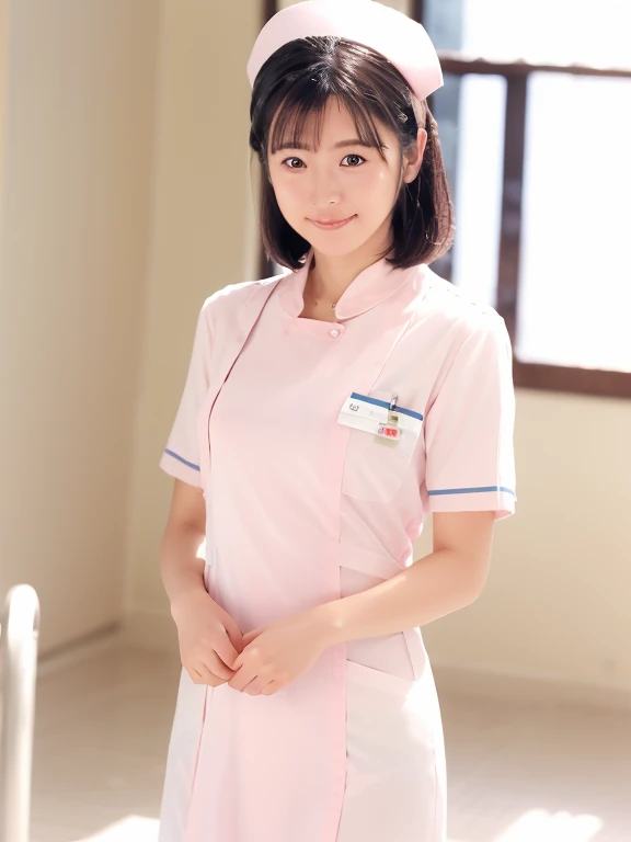 girl,alone, (Wearing white nurse clothes:1.2), Shortcuts, bangs, Upstyle, Black Hair, nurse, Perfect Anatomy, nurse uniform, ((Nurse cap)), (White costume), Long skirt, hospital, (Close-up), 