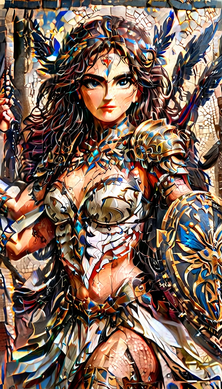 ancient Greek mosaic art of an amazon warrior, beautiful amazon warrior, ((full body shot: 1.5)), ((anatomically correct: 1.5)) (ultra detailed face: 1.4), dynamic skin complexion, dynamic hair style, dynamic hair color, she is wearing ancient Greek armor, armed with a Greek short sword, dynamic background, vibrant, Ultra-high resolution, High Contrast, (masterpiece:1.5), highest quality, Best aesthetics), best details, best quality, highres, 16k, [ultra detailed], masterpiece, best quality, (extremely detailed) RAW, fantasy art, dnd art, fantasy art, realistic art, (ultra details, Masterpiece, best quality), Intense gaze, Sword and shield