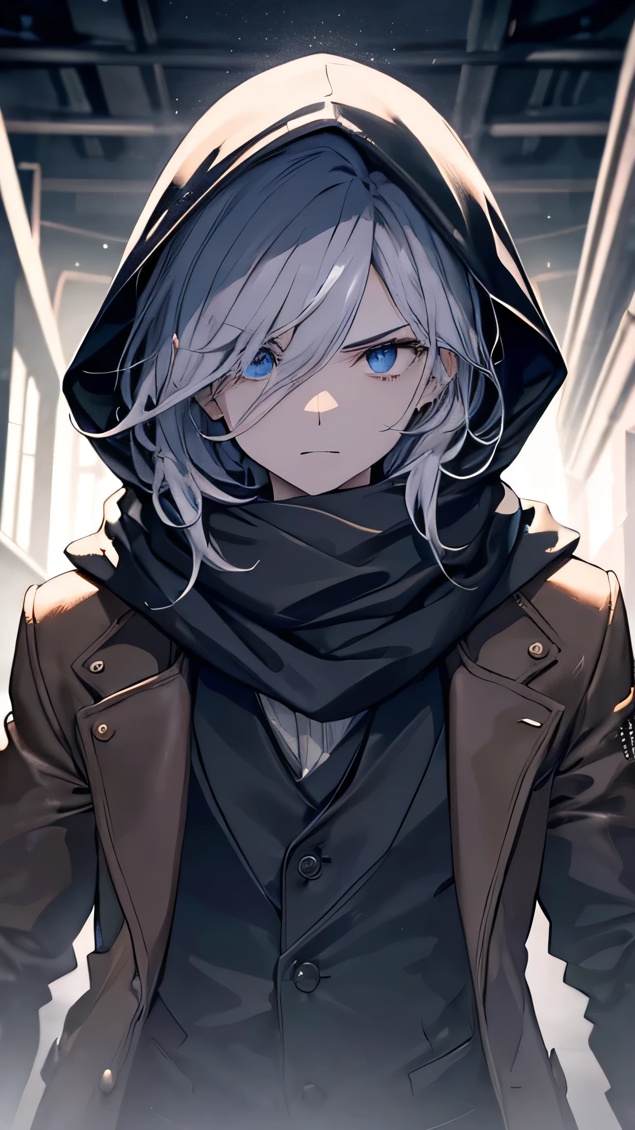 (masterpiece, best quality),(1 man), toned body, long coat, short-windswept hair, sharp piercing eyes, hooded, scarf, (focus, half body view),(Ultra detailed face,one of the eye shines), dramatic lighting, cinematic scene, powerful presence, hyper detailed, photorealistic, 8k, studio lighting