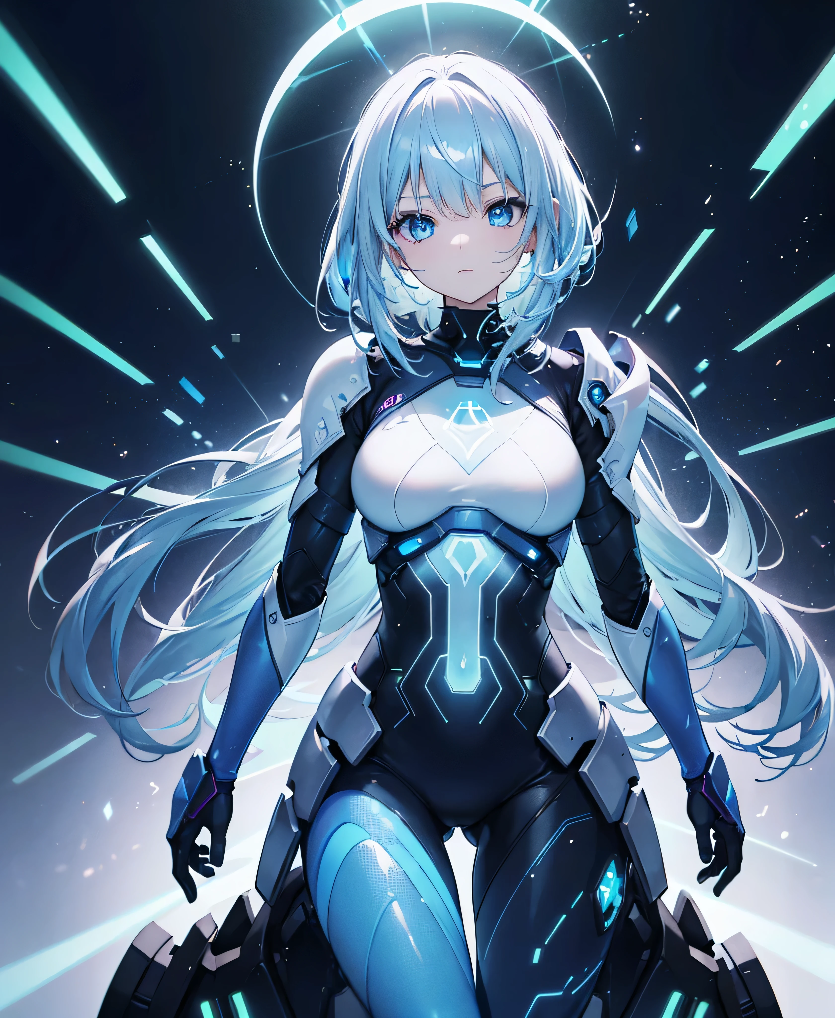 ((Holographic glow effect)),8k, Highest quality, (real:1.4), Original photo, 1 girl, Asari Hair, Biological Amplifier, refined armor, posture: Peace talks between warring factions, smart blue eyes,whole body