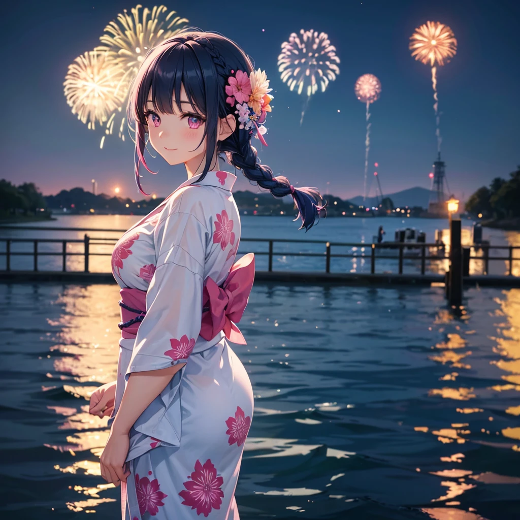 Sky Blue Medium Hair, (Braided hair),(Pink Eyes),Fair skin ,(whole body),(1 girl)、Floral Yukata、summer night、Fireworks on the lake、Big fireworks、A happy smile、Straight bangs,(masterpiece, Highest quality, Very detailed, Best Shadow), (Detailed Background), (Beautifully detailed face), High Contrast, (Best lighting, Very delicate and beautiful), ((Cinematic Light)), colorful, Hyper Detail 8k, Dramatic Light, Intricate details,Fireworks light reflected on the water